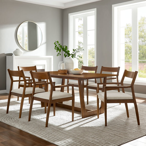 Modway Furniture Solara 7-Piece Wood Dining Set with Upholstered Armchairs for Modern Comfort and Style Walnut Heathered Weave Beige EEI-7076-WAL-HEB