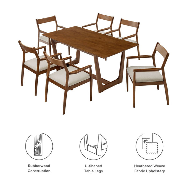 Modway Furniture Solara 7-Piece Wood Dining Set with Upholstered Armchairs for Modern Comfort and Style Walnut Heathered Weave Beige EEI-7076-WAL-HEB