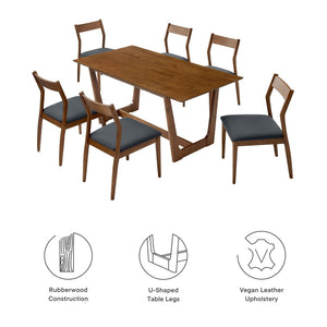 Modway Furniture Solara 7-Piece Wood Dining Set with Vegan Leather Chairs for Modern Farmhouse Elegance & Comfort EEI-7078-WAL-BLK