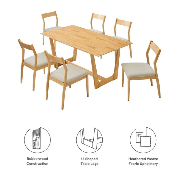 Modway Furniture Solara 7-Piece Wood Dining Set with Upholstered Chairs – Modern Design for Stylish Gatherings Natural Heathered Weave Beige EEI-7079-NAT-HEB