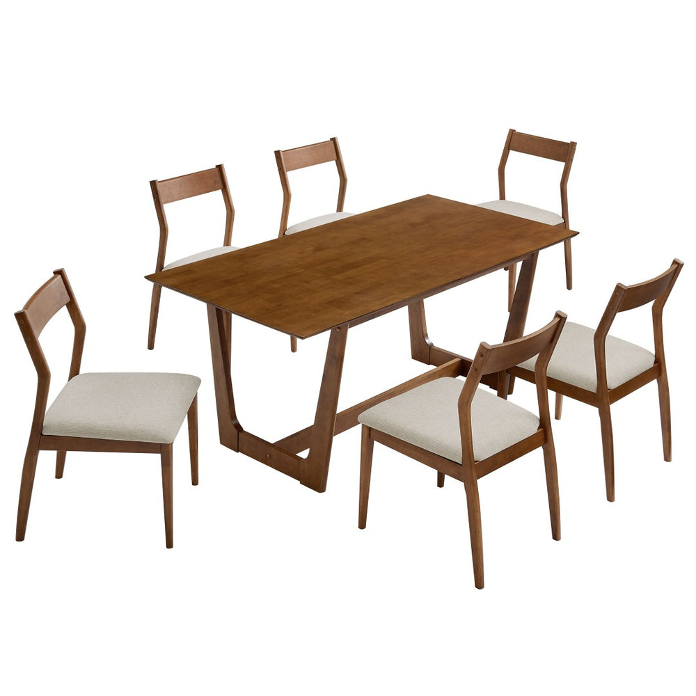 Modway Furniture Solara 7-Piece Wood Dining Set with Upholstered Chairs – Modern Design for Stylish Gatherings Walnut Heathered Weave Beige EEI-7079-WAL-HEB