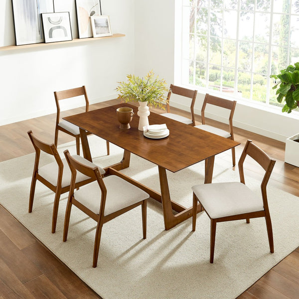 Modway Furniture Solara 7-Piece Wood Dining Set with Upholstered Chairs – Modern Design for Stylish Gatherings Walnut Heathered Weave Beige EEI-7079-WAL-HEB