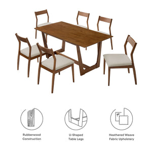 Modway Furniture Solara 7-Piece Wood Dining Set with Upholstered Chairs – Modern Design for Stylish Gatherings Walnut Heathered Weave Beige EEI-7079-WAL-HEB