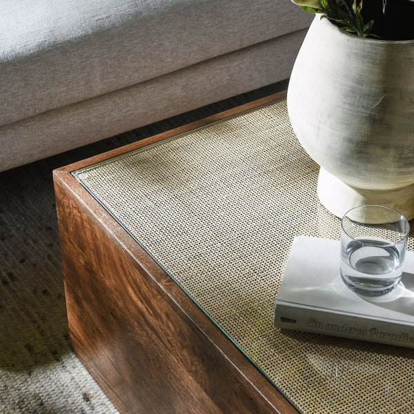 Modway Furniture Truett Square Wood Rattan Coffee Table - Rustic Charm with Glass Top, Ideal for Stylish Living Rooms EEI-7086-WAL