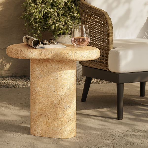 Modway Furniture Elowen Indoor-Outdoor Textured Faux Travertine Side Table - Modern Sculptural Accent for Any Space EEI-7094-TRV