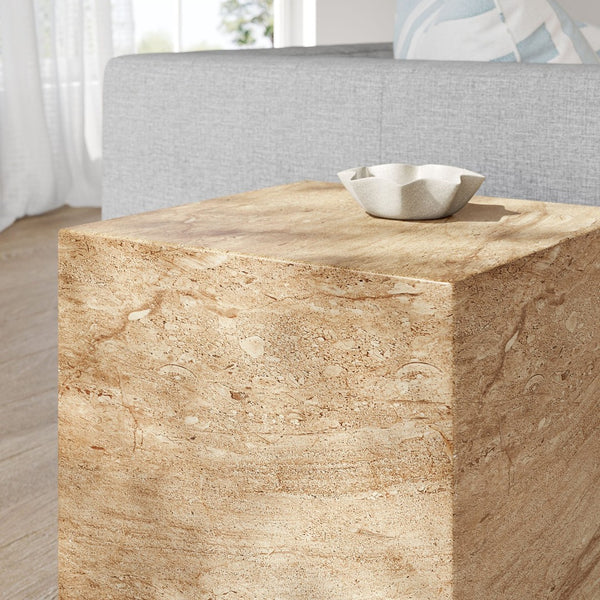 Modway Furniture Jordana Square Plinth Concrete Side Table - Modern Indoor-Outdoor Minimalist Design for Any Space Travertine EEI-7096-TRV