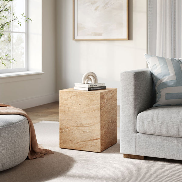 Modway Furniture Jordana Square Plinth Concrete Side Table - Modern Indoor-Outdoor Minimalist Design for Any Space Travertine EEI-7096-TRV