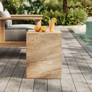 Modway Furniture Jordana Square Plinth Concrete Side Table - Modern Indoor-Outdoor Minimalist Design for Any Space Travertine EEI-7096-TRV