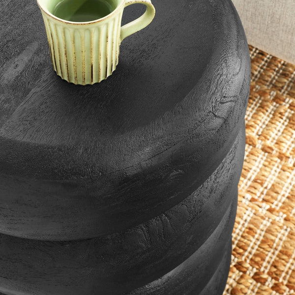 Modway Furniture Ellery Round Stacked Wood Side Table – Handcrafted Mango Wood Accent for Modern Rustic Decor Wirebrush Black EEI-7106-BLK
