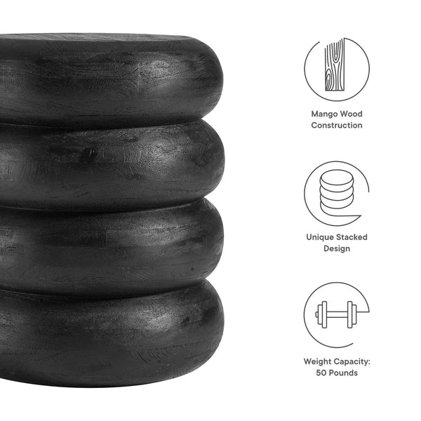 Modway Furniture Ellery Round Stacked Wood Side Table – Handcrafted Mango Wood Accent for Modern Rustic Decor Wirebrush Black EEI-7106-BLK