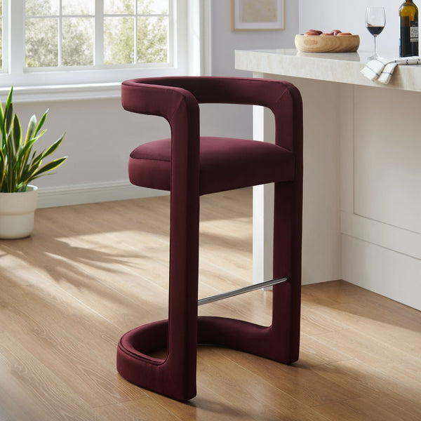 Modway Furniture Winslow Performance Velvet Bar Stool - Modern Comfort with Stylish Curved Design for Home Bars Mulberry EEI-7108-MUL