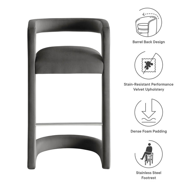 Modway Furniture Winslow Performance Velvet Bar Stool - Modern Comfort with Stylish Curved Design for Home Bars Storm Gray EEI-7108-STG