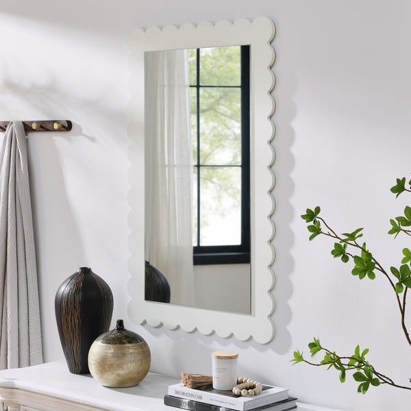 Modway Furniture Emmeline Scalloped Rectangle Wall Mirror - Stylish Accent for Modern and Eclectic Home Décor White EEI-7116-WHI