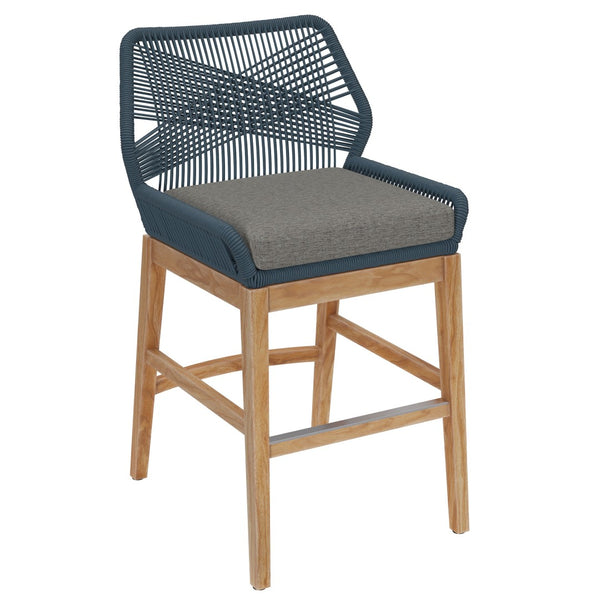 Modway Furniture Wellspring Outdoor Patio Teak Counter Stool with Woven Rope Accents for Stylish Comfort and Durability Blue Graphite EEI-7126-BLU-GPH