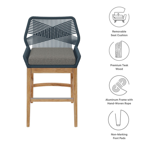 Modway Furniture Wellspring Outdoor Patio Teak Counter Stool with Woven Rope Accents for Stylish Comfort and Durability Blue Graphite EEI-7126-BLU-GPH