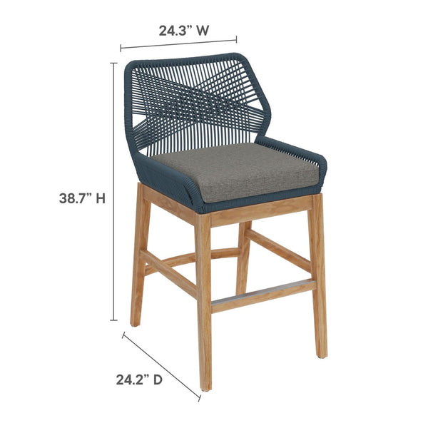 Modway Furniture Wellspring Outdoor Patio Teak Counter Stool with Woven Rope Accents for Stylish Comfort and Durability Blue Graphite EEI-7126-BLU-GPH
