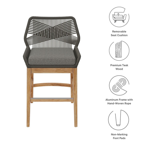 Modway Furniture Wellspring Outdoor Patio Teak Counter Stool with Woven Rope Accents for Stylish Comfort and Durability Gray Graphite EEI-7126-GRY-GPH