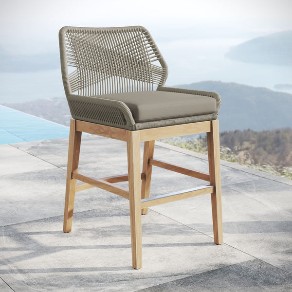 Modway Furniture Wellspring Outdoor Patio Teak Counter Stool with Woven Rope Accents for Stylish Comfort and Durability Light Gray Greige EEI-7126-LGR-GRG