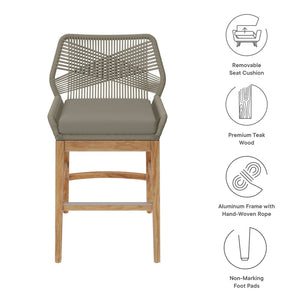 Modway Furniture Wellspring Outdoor Patio Teak Counter Stool with Woven Rope Accents for Stylish Comfort and Durability Light Gray Greige EEI-7126-LGR-GRG