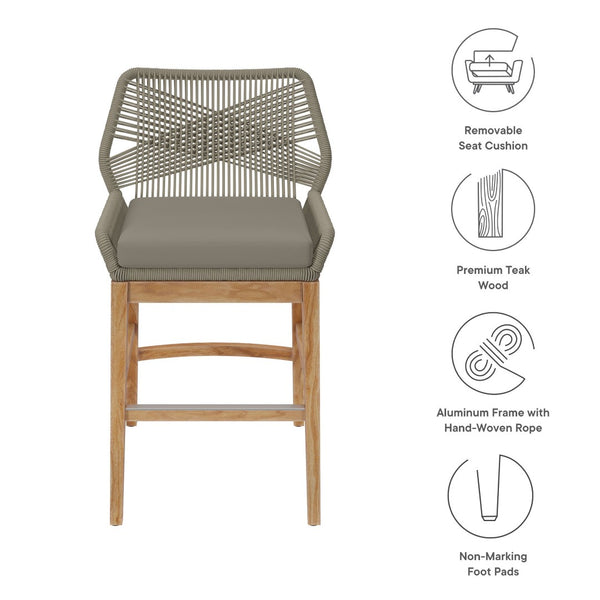 Modway Furniture Wellspring Outdoor Patio Teak Counter Stool with Woven Rope Accents for Stylish Comfort and Durability Light Gray Greige EEI-7126-LGR-GRG