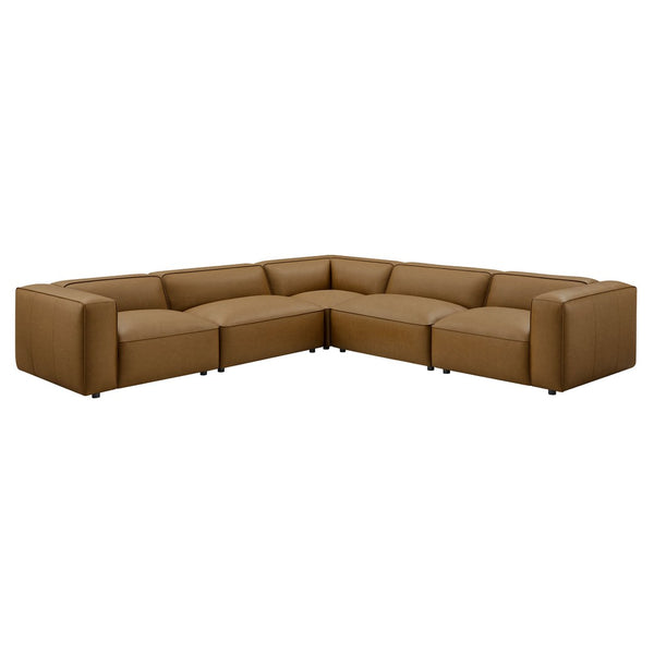 Modway Furniture Auren 5-Piece Modular L-Shaped Sofa in Vegan Leather - Contemporary Comfort for Your Living Space Camel EEI-7129-CAM