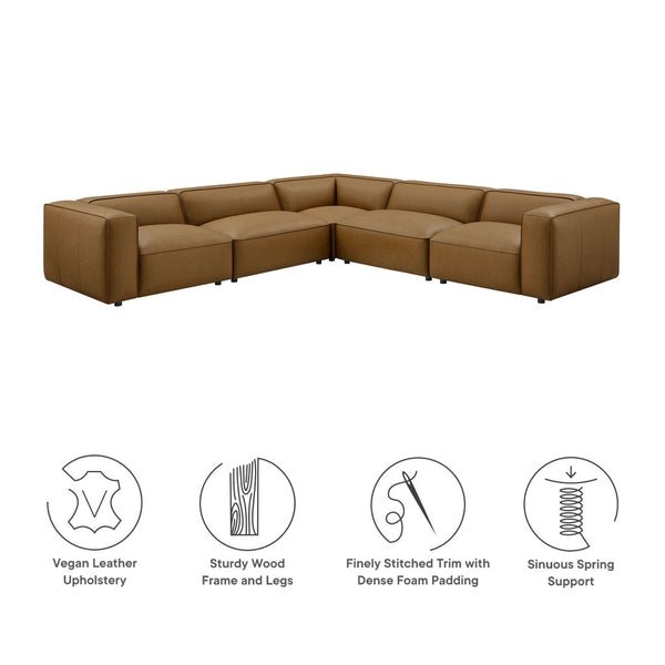 Modway Furniture Auren 5-Piece Modular L-Shaped Sofa in Vegan Leather - Contemporary Comfort for Your Living Space Camel EEI-7129-CAM