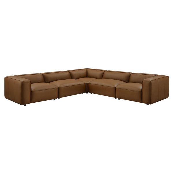 Modway Furniture Auren 5-Piece Modular L-Shaped Sofa in Vegan Leather - Contemporary Comfort for Your Living Space Coffee EEI-7129-COF