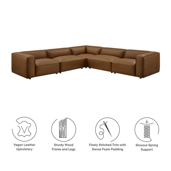 Modway Furniture Auren 5-Piece Modular L-Shaped Sofa in Vegan Leather - Contemporary Comfort for Your Living Space Coffee EEI-7129-COF