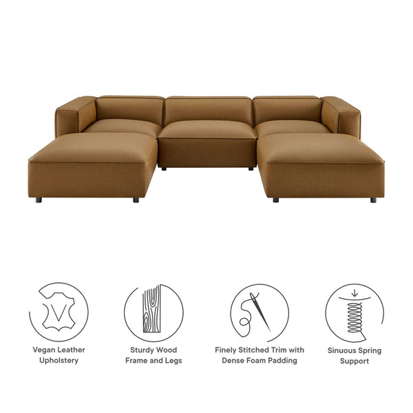 Modway Furniture Auren 5-Piece Modular U-Shaped Sofa in Vegan Leather for Modern Living Room Comfort and Style Camel EEI-7131-CAM