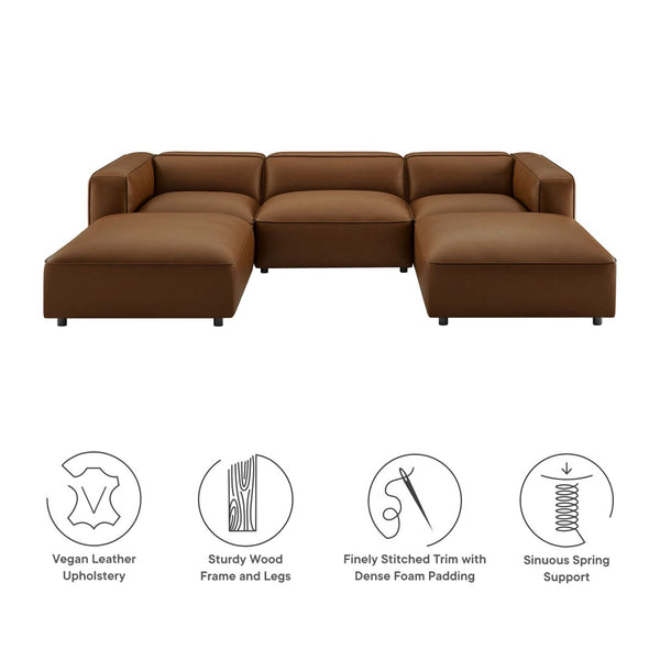 Modway Furniture Auren 5-Piece Modular U-Shaped Sofa in Vegan Leather for Modern Living Room Comfort and Style Coffee EEI-7131-COF