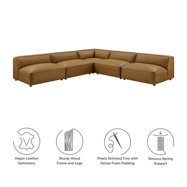 Modway Furniture Auren 5-Piece Vegan Leather Modular Sectional Sofa - Stylish, Comfortable Design for Any Space Camel EEI-7133-CAM