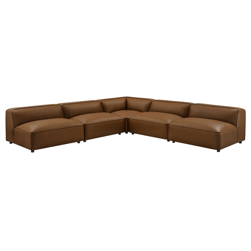 Modway Furniture Auren 5-Piece Vegan Leather Modular Sectional Sofa - Stylish, Comfortable Design for Any Space Coffee EEI-7133-COF