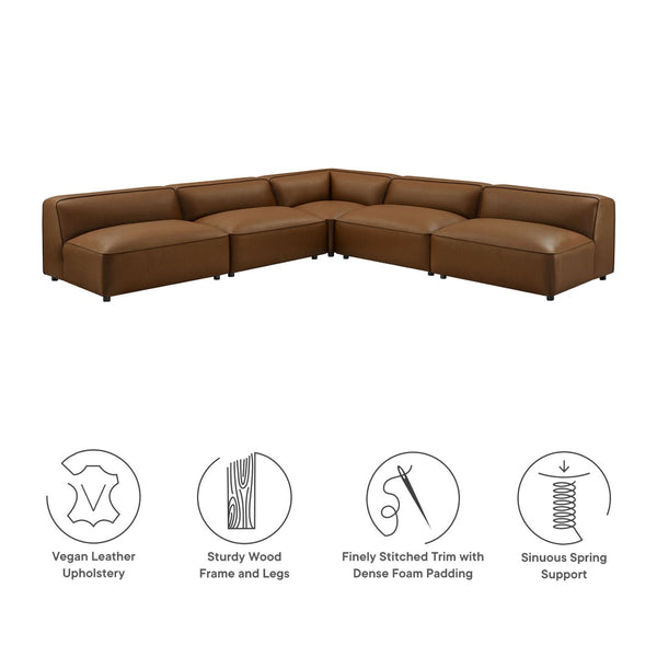 Modway Furniture Auren 5-Piece Vegan Leather Modular Sectional Sofa - Stylish, Comfortable Design for Any Space Coffee EEI-7133-COF