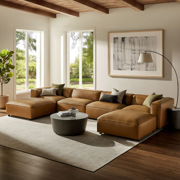 Modway Furniture Auren 6-Piece Modular Vegan Leather Sofa Set for Elegant Living Spaces - Versatile & Comfortable Design Camel EEI-7134-CAM