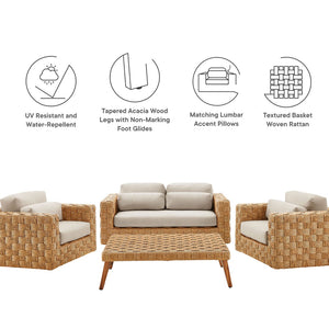 Modway Furniture Thames 4-Piece Outdoor Patio Set - Weather-Resistant Wicker Loveseat, Armchairs & Coffee Table EEI-7135-NAT-LGR