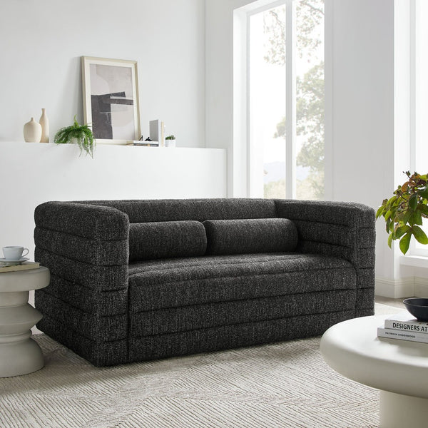 Modway Furniture Relle Channel Tufted Boucle Loveseat - Mid-Century Modern Design for Cozy Living Spaces, Grey Charcoal EEI-7137-CHA