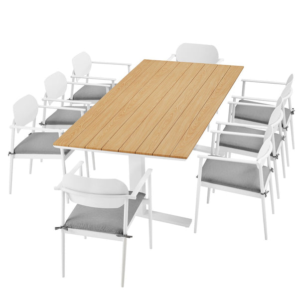 Modway Furniture Aeris 9-Piece Outdoor Patio Dining Set: Modern Aluminum Table & Stackable Chairs for Comfort White EEI-7151-WHI-LGR-SET