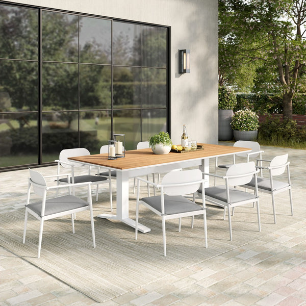 Modway Furniture Aeris 9-Piece Outdoor Patio Dining Set: Modern Aluminum Table & Stackable Chairs for Comfort White EEI-7151-WHI-LGR-SET