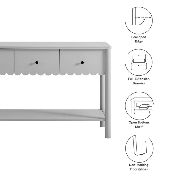 Modway Furniture Emmeline 3-Drawer Console Table - Farmhouse-Inspired Design with Scalloped Front and Open Shelf Storage Light Gray EEI-7154-LGR