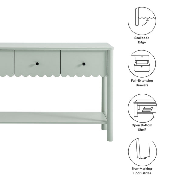 Modway Furniture Emmeline 3-Drawer Console Table - Farmhouse-Inspired Design with Scalloped Front and Open Shelf Storage Sage EEI-7154-SGE