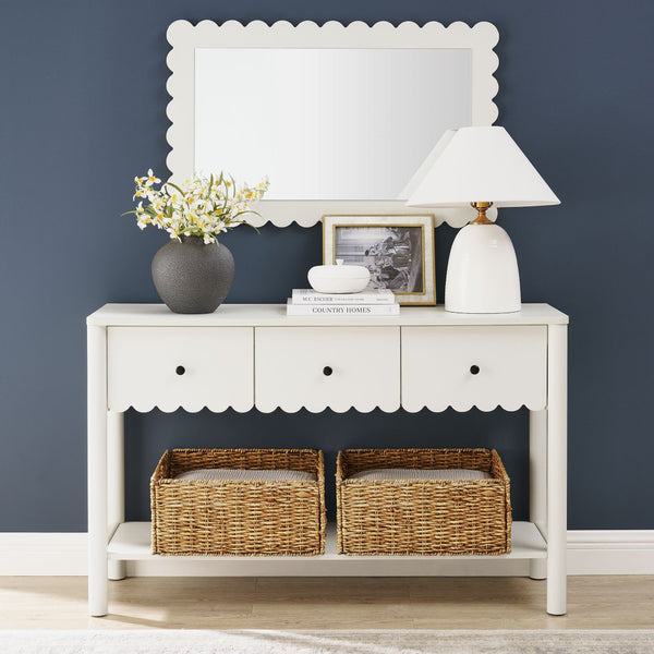 Modway Furniture Emmeline 3-Drawer Console Table - Farmhouse-Inspired Design with Scalloped Front and Open Shelf Storage White EEI-7154-WHI