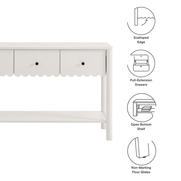 Modway Furniture Emmeline 3-Drawer Console Table - Farmhouse-Inspired Design with Scalloped Front and Open Shelf Storage White EEI-7154-WHI