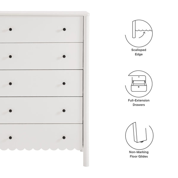 Modway Furniture Emmeline Scalloped 5-Drawer Chest – Modern Elegance for Organized Storage in Any Room Space White EEI-7156-WHI