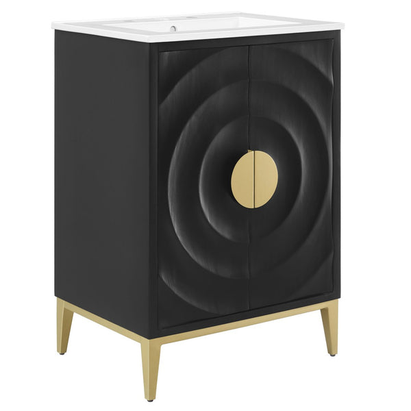 Modway Furniture Beau 24" Solid Wood Bathroom Vanity with Integrated Basin, Brass Pulls & Mid-Century Modern Style EEI-7159-WHI-BLK