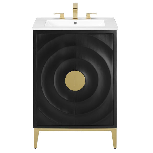 Modway Furniture Beau 24" Solid Wood Bathroom Vanity with Integrated Basin, Brass Pulls & Mid-Century Modern Style EEI-7159-WHI-BLK