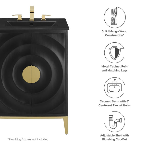 Modway Furniture Beau 24" Wood Bathroom Vanity with Black Basin, Brass Pulls & Modern Design for Chic Spaces EEI-7160-BLK-BLK