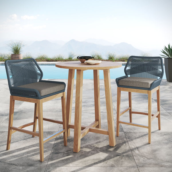 Modway Furniture Wellspring 3-Piece Teak Outdoor Bar Set - Stylish Comfort for Relaxed Dining and Entertaining Blue Graphite EEI-7163-BLU-GPH-SET