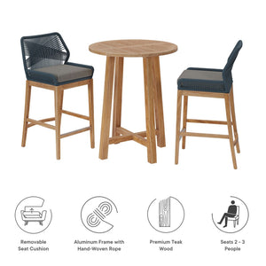 Modway Furniture Wellspring 3-Piece Teak Outdoor Bar Set - Stylish Comfort for Relaxed Dining and Entertaining Blue Graphite EEI-7163-BLU-GPH-SET