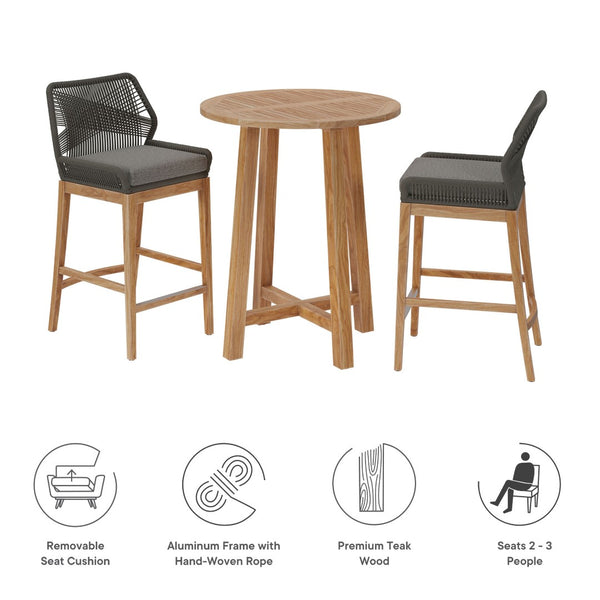 Modway Furniture Wellspring 3-Piece Teak Outdoor Bar Set - Stylish Comfort for Relaxed Dining and Entertaining Gray Graphite EEI-7163-GRY-GPH-SET