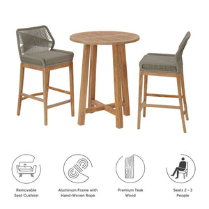 Modway Furniture Wellspring 3-Piece Teak Outdoor Bar Set - Stylish Comfort for Relaxed Dining and Entertaining Light Gray Greige EEI-7163-LGR-GRG-SET